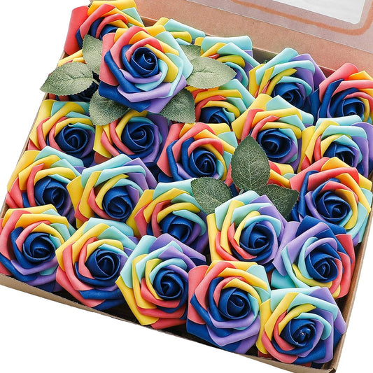 Floroom Artificial Flowers 25pcs Real Looking Whimsical Blue Foam Fake Roses with Stems for DIY Wedding Bouquets Baby Shower Centerpieces Floral Arrangements Party Tables Home Decorations