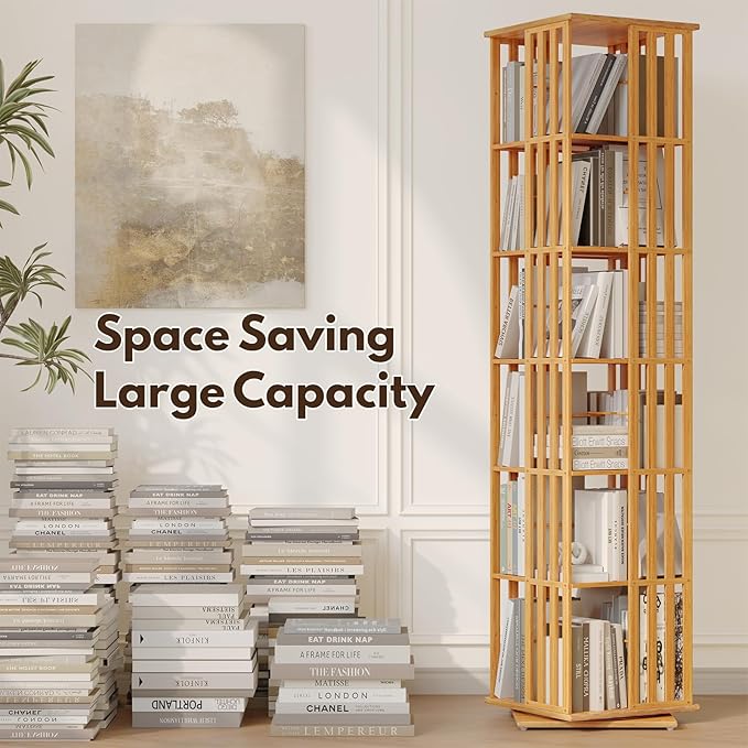 YOWOS Rotating Bookshelf Tower, 360° Display Spinning Bookcase, Bamboo - Image 3