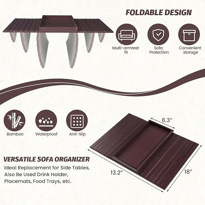 GEHE Bamboo Sofa Arm Tray, Foldable Couch Arm Tray Side Table, Anti-Falling - Image 3