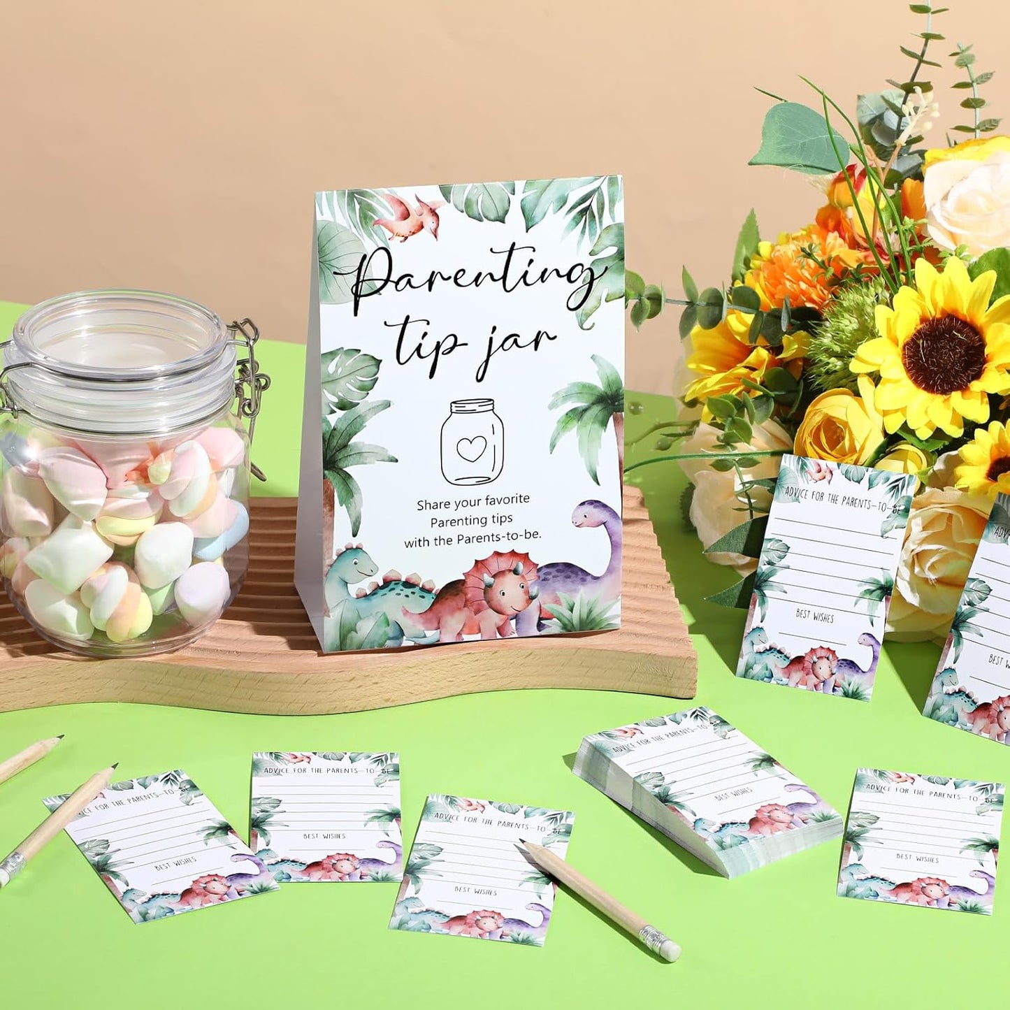 Roowest Baby Shower to Baby Advice Cards for New Parents to Be - Tip Jar Sign for New Parents 60 Parenting Advice Cards 10 HB Pencils 2 Cute Stickers 1 Pet Bottle for Guests Games(Dinosaur)