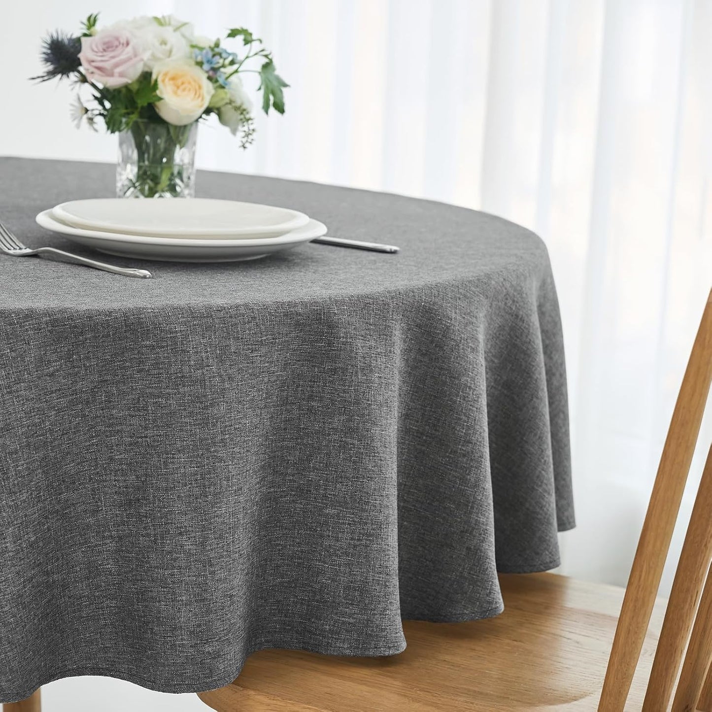maxmill Round Linen Textured Tablecloth Spill-Proof Stainproof Wrinkle Free Washable Fabric Table Cloth for Circular Table Cover, Dining Room Buffet Banquet Parties Holiday Dinner, 70 Inch, Dark Grey