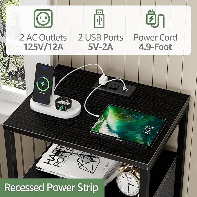 BOLUO Black Nightstand with Charging Station, LED Night Stand with 2 Fabric - Image 6