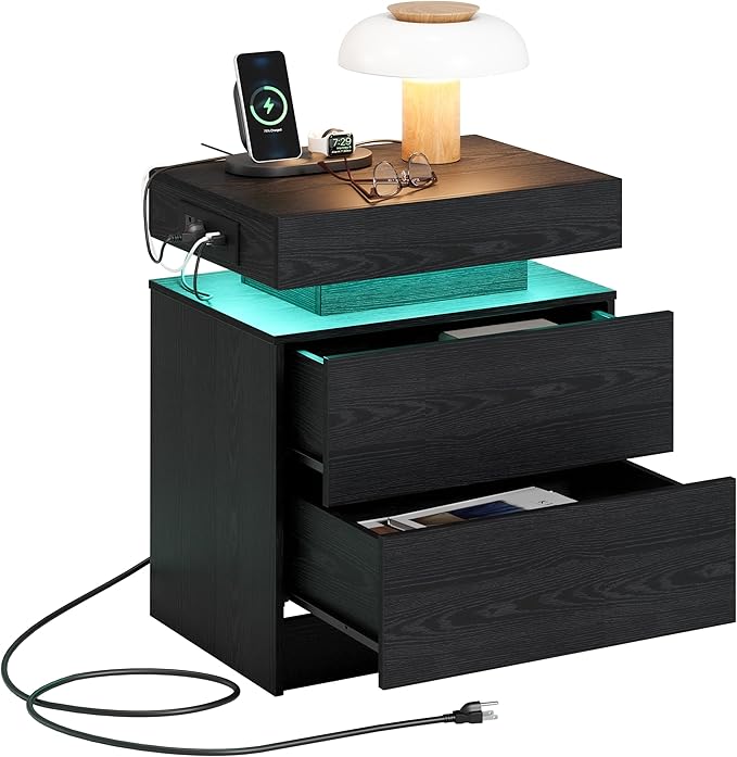 LIKIMIO Night Stand with Charging Station, Modern Black Nightstand with LED - Image 8
