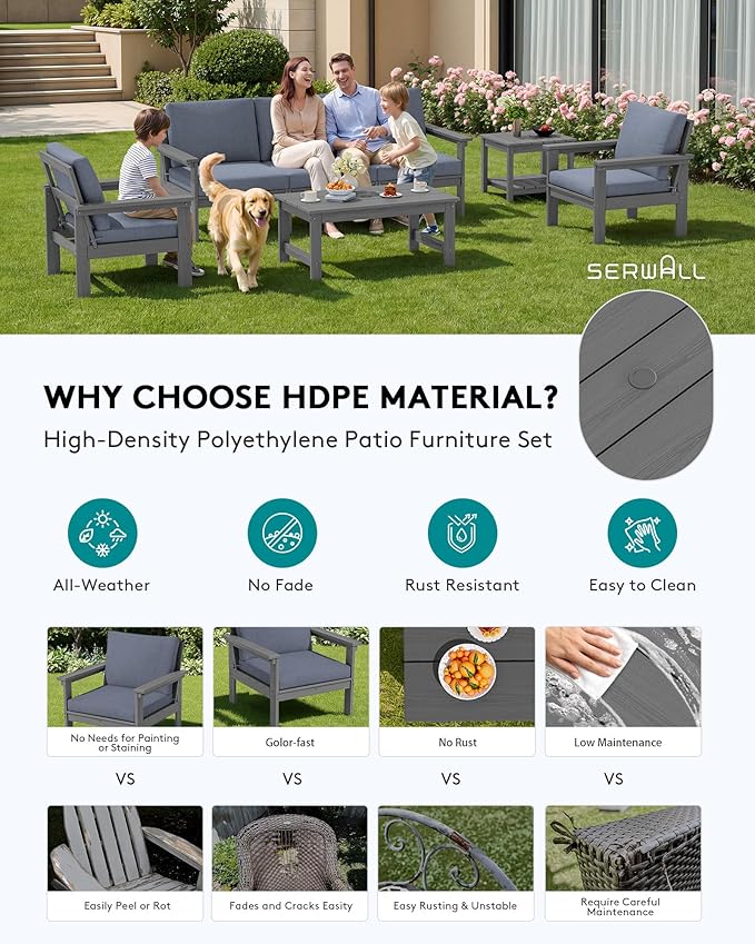 SERWALL HDPE Patio Furniture Set, 7-piece Outdoor Sectional Sofa Set, All - Image 3