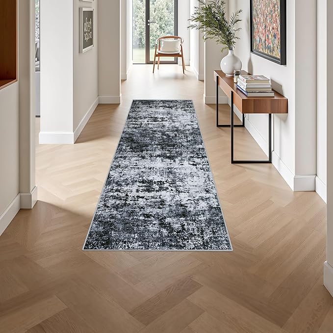 2'x6' Runner Rug Washable Rug: Modern Abstract Soft Thin Runner Rug Black - Image 4