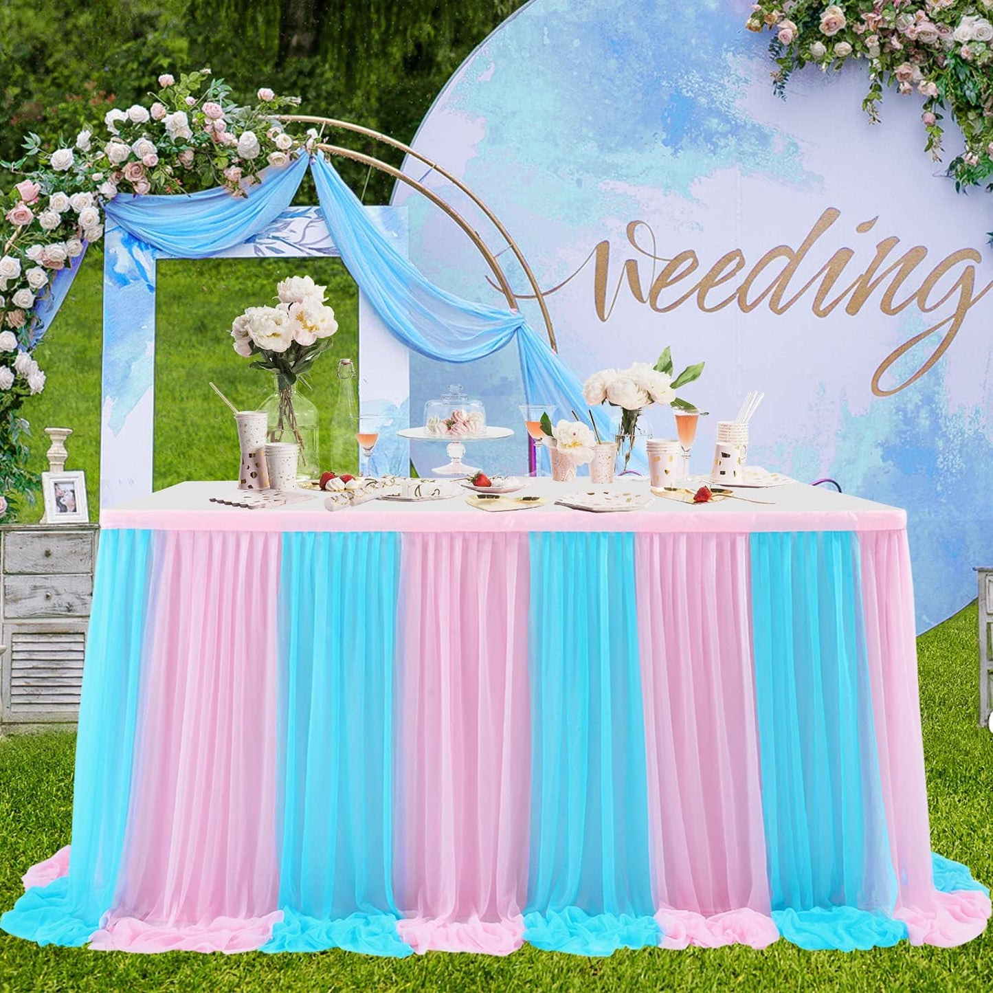 9ft Pink and Blue Gender Reveal Table Skirt for Baby Shower Boy or Girl Tulle Tutu Table Cloths Cover for Birthday Party Wedding Dessert Buffet Banquet Table Decorations
