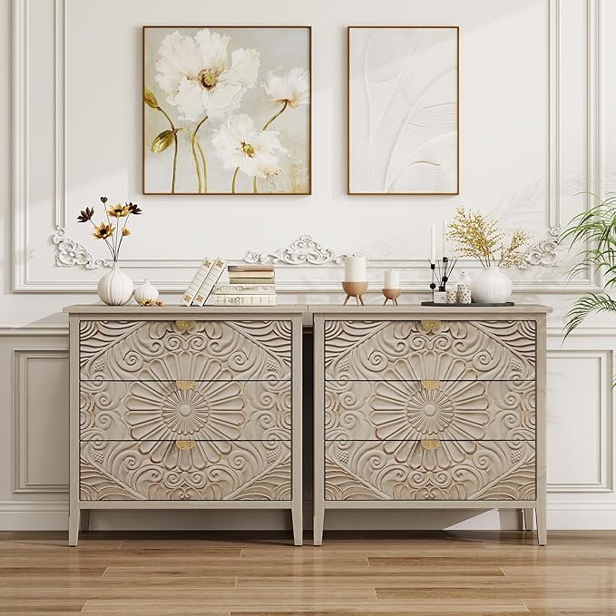 Carved 3 Drawer Cabinet with Floral Pattern & Gold Handles, 31.5" W Distressed by LFGUIZO