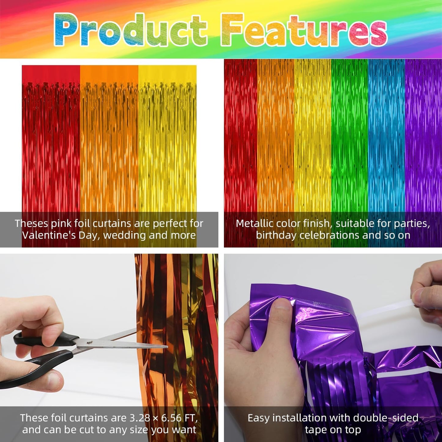4 Pack Rainbow Backdrop Curtains,3.28 Ft x 6.56 Ft Rainbow Party Decorations,Metallic Tinsel Backdrop Fringe Curtains Party Streamer for Wedding Birthday Party