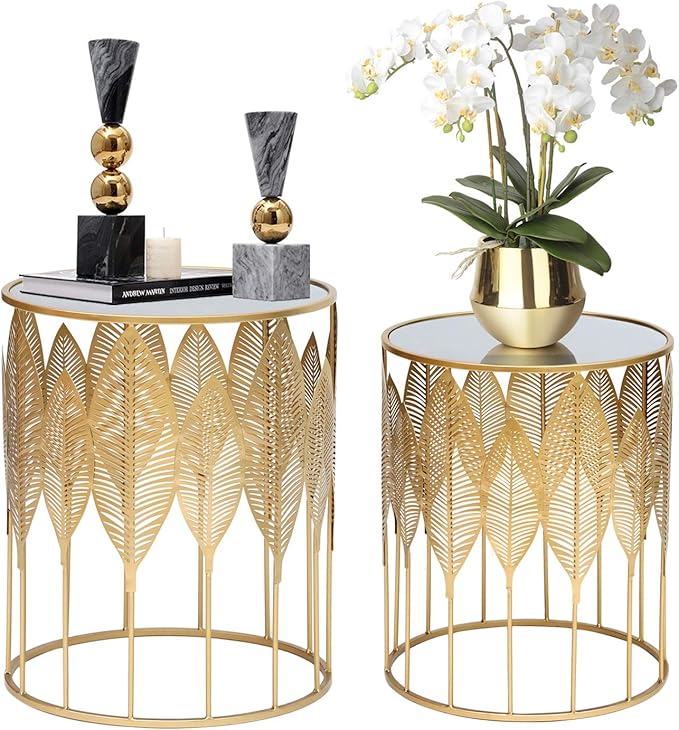 Homebeez Gold Nesting Tables Set of 2, Glam Leaf Design Round End Table by Homebeez