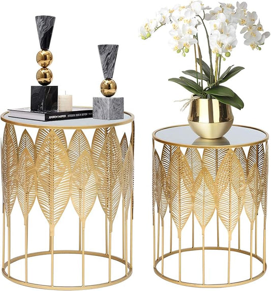 Homebeez Gold Nesting Tables Set of 2, Glam Leaf Design Round End Table by Homebeez