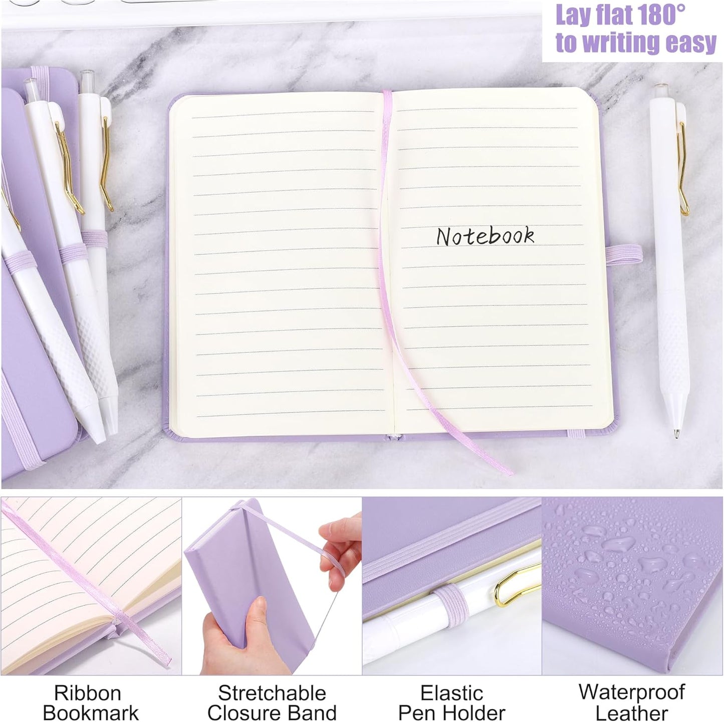 Aodaer 50 Sets Pocket Notebook Journal with Pens, 160 Pages, 3.5 x 5.5 Inch Mini Lined Journal Notebook A6 Leather Hardcover College Ruled Notepad with Pen Holder for School Office Gifts, Lavender