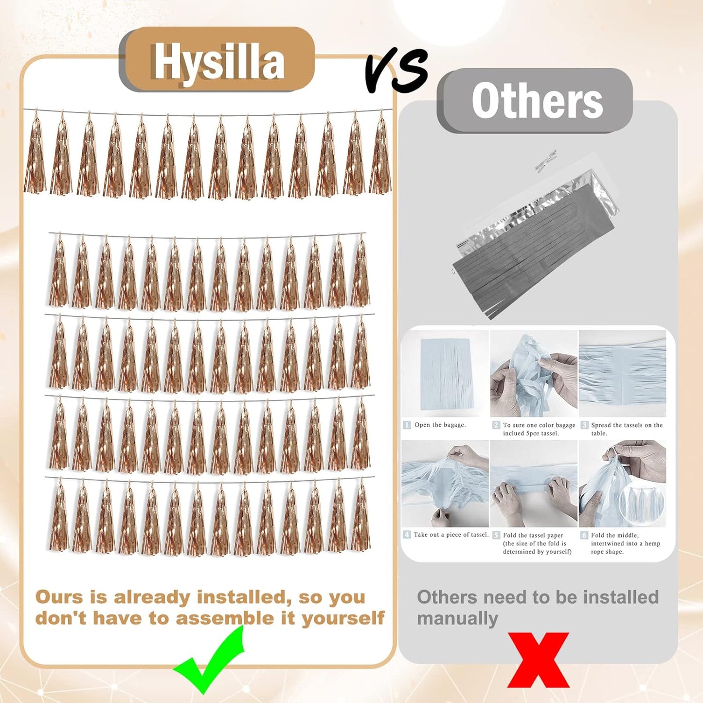 6P Champagne Gold Foil Fringe Metallic Tassel Streamers Banner Tassel Garland for Parade Floats, Bachelorette, Wedding, Birthday, Graduation, Christmas, Bridal/Baby Shower Party Decorations