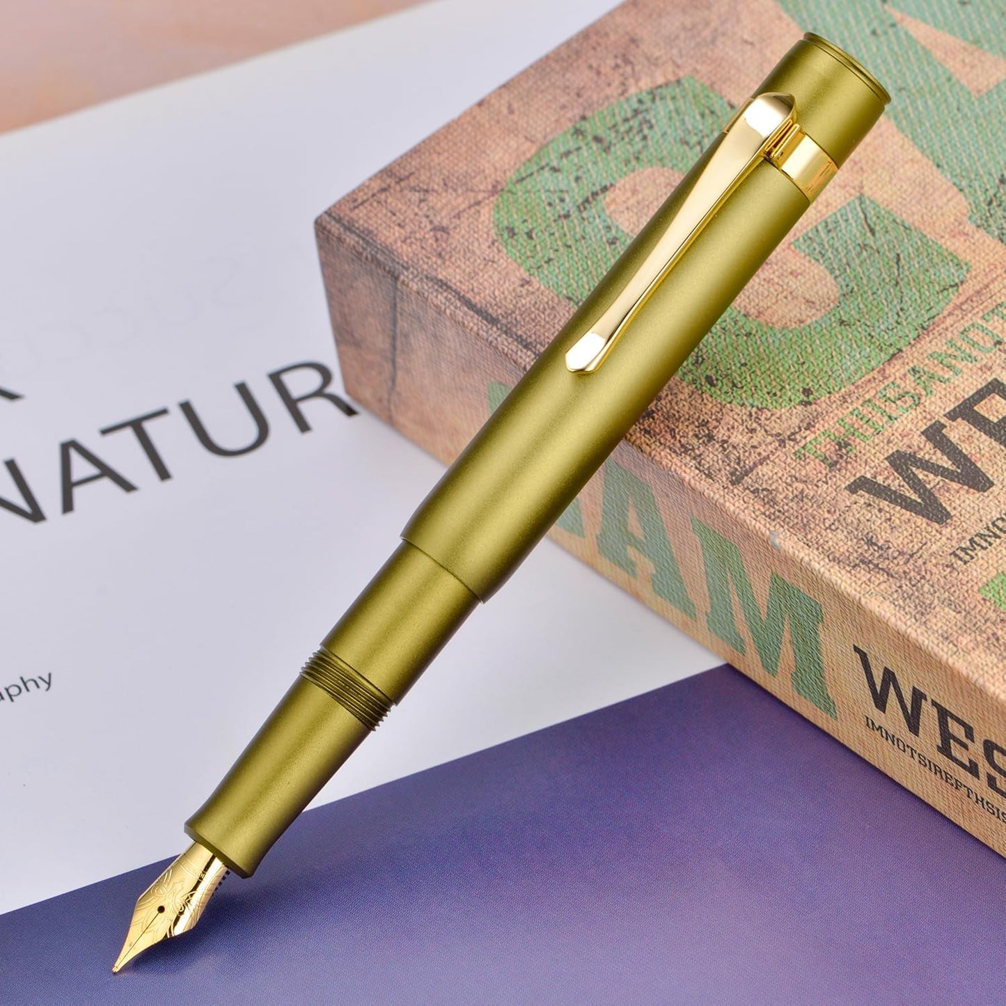 HONG DIAN M2 Black Forest Mini Fountain Pen, Medium Nib & Sleek Shape Aluminium Short Pocket Travel Pen (Olive Green)