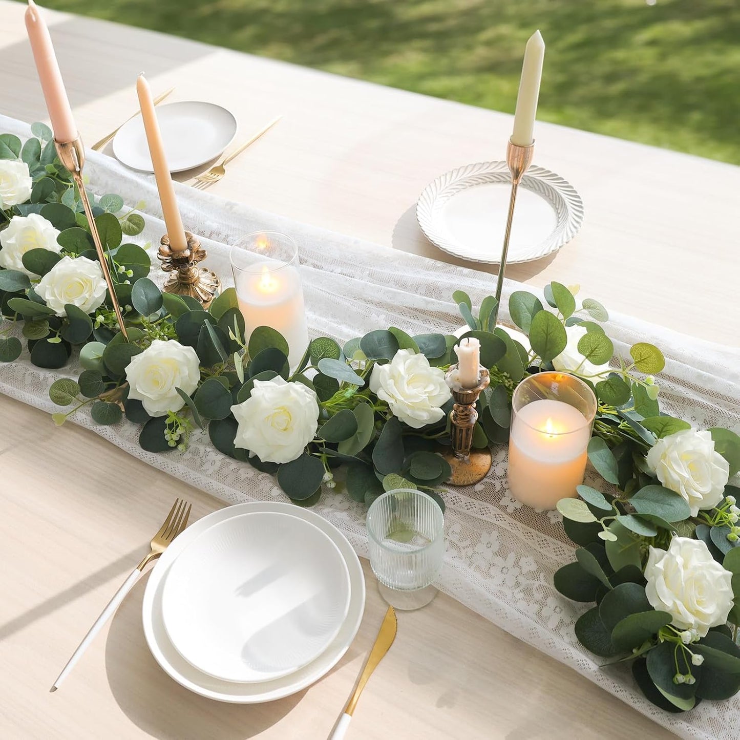 MACTING 6.6FT Fake Flower Garland with White Roses Artificial Gypsophila Eucalyptus Garland Floral Greenery Vine for Wedding Arch Table Centerpieces Backdrop Party Home Summer Decorations