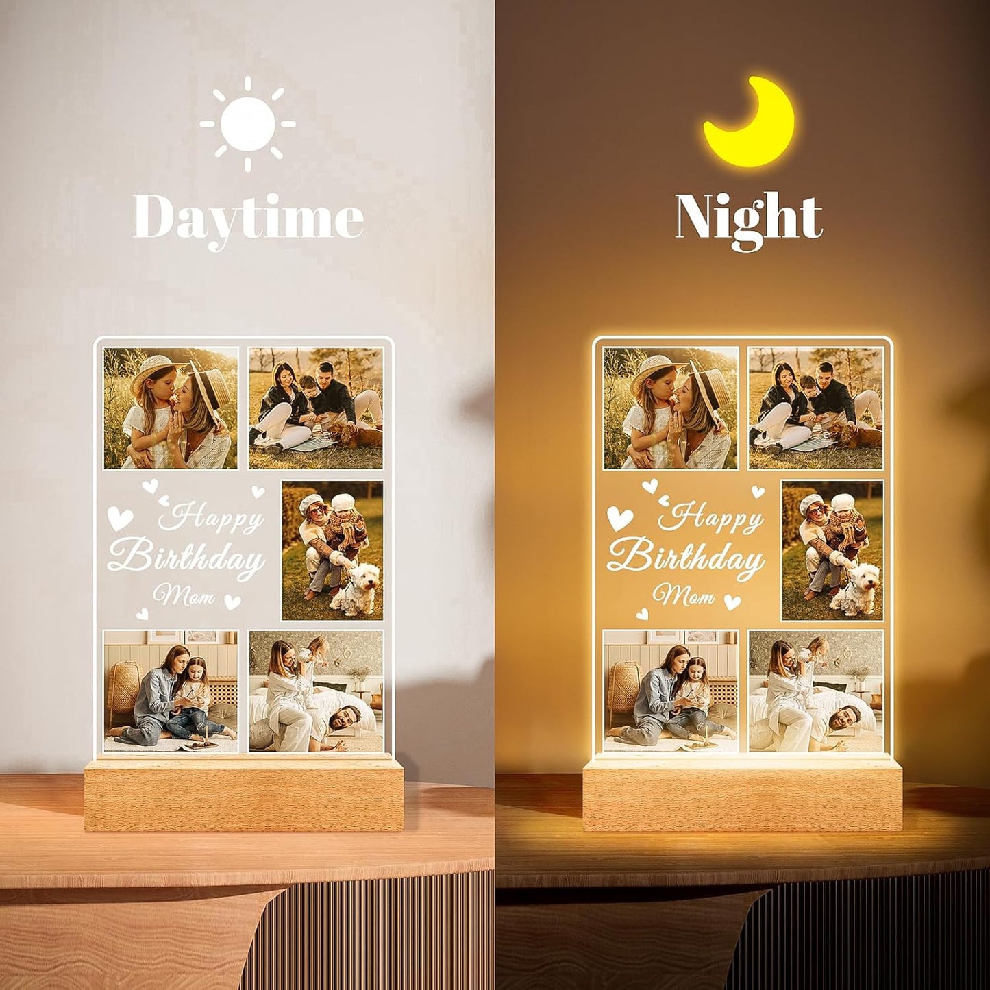 Personalized Birthday Gifts for Mom from Daughter Son, Custom Collage Picture Frames with Night Light, Customized Acrylic Plaque Photo Frame, Personalized Photo Gifts for Mom, Baby, Kids, Family