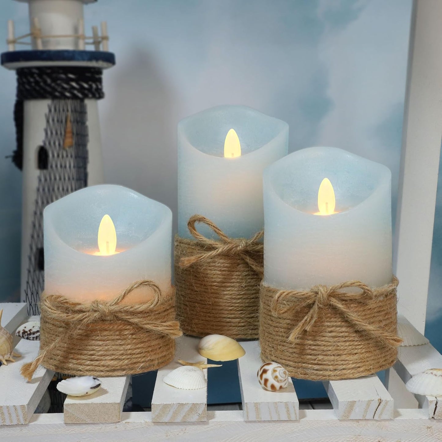 Silverstro Nautical Decor Ocean Blue Flameless Candles - Home Christmas Farmhouse Summer Decorations - Set of 3 (D3.11 X H4 5" 6")
