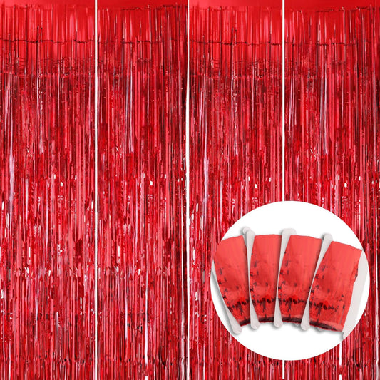 BEISHIDA 4 Pcs Red Door Streamers Tinsel Curtain Party Streamers Backdrop Fringe Foil Wall Background for Birthday Valentine's Day Christmas Wedding Party Decoration(3.28 ft x 6.56 ft)