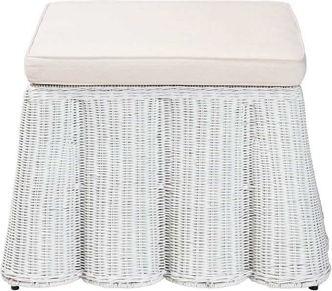Bali & pari Palm Bohemian White Scallop Rattan Ottoman - Image 4