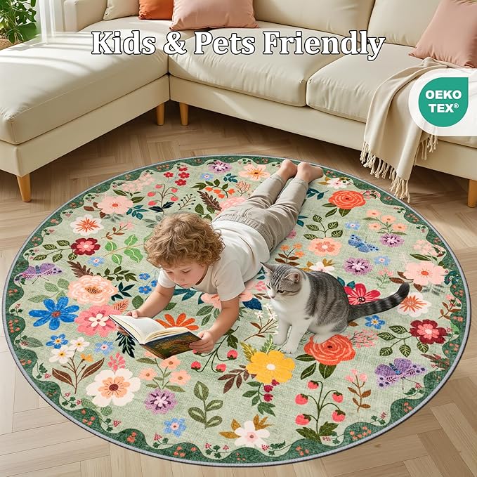 Round Area Rug for Living Room: 4 ft Floral Washable Circle Rug Soft Boho - Image 8