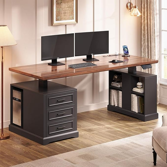 SEDETA Farmhouse Electric Standing Desk, Storage Shelves, Power Outlets by SEDETA