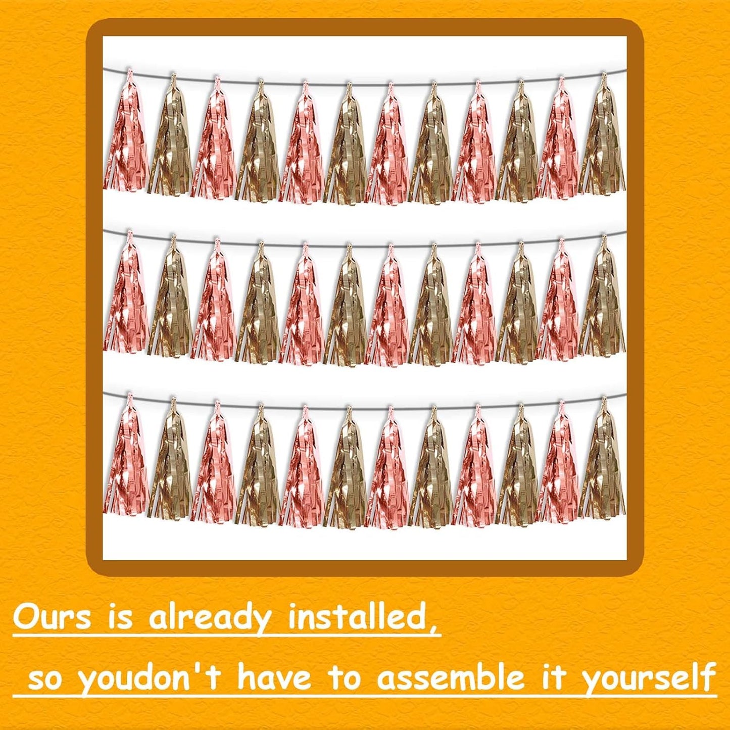 3P Rose Champagne Gold Metallic Fringe Tassel Banner Garland Foil Tinsel Streamer Wall Hanging Curtain Backdrop Banner for Parade Floats, Graduation Decorations, Wedding Party Decoration