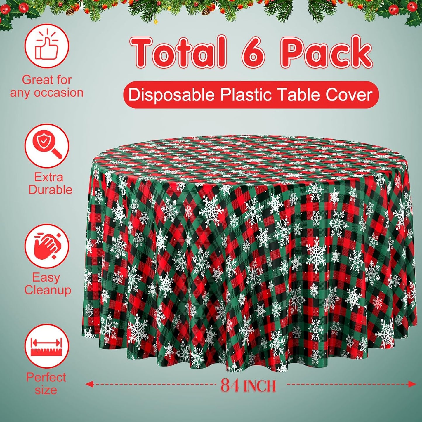 Jectivs 6Pcs Christmas Buffalo Plaid Snowflake Party Tablecloths Decorations,Plastic Red and Green Checkered Round Table Cover for Winter Christmas New Year Birthday Holiday Party Decorations,84 inch