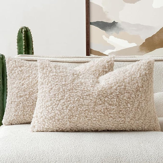 Faux Fur Throw Pillow Covers 20x12 Inch Set of 2 Boucle Neutral Decorative by Woaboy