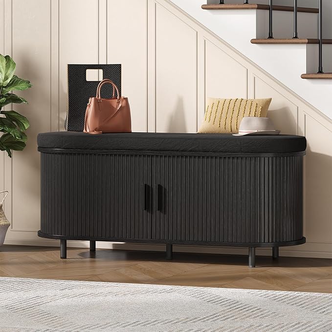 Oval Shoe Storage Bench with Padded Seat Cushion, 2-Tier Fluted Shoe Cabinet - Image 9