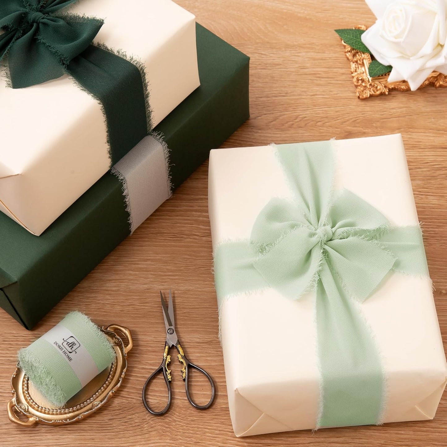 DORIS HOME Sage Green Chiffon Ribbon for Flower Bouquet, 2" x21Yd Fabric Ribbon for Gift Wrapping, Handmade Frayed Ribbon for Wedding/Christmas Decorations