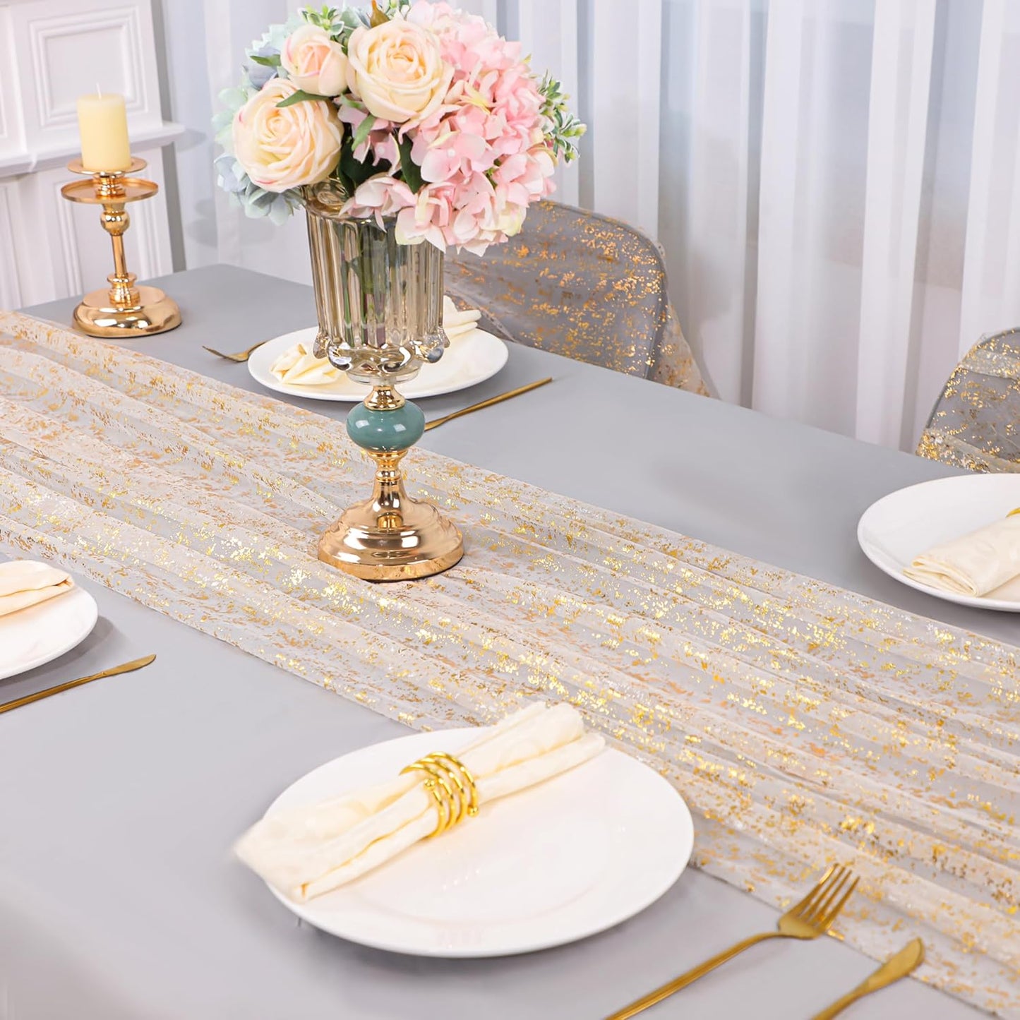 Snowkingdom 3Pcs 10 Ft Gold Table Runners, Sheer Chiffon Tulle Cheesecloth Wedding Runner, Golden Sequin Glitter Metallic Foil Party Table Decorations Centerpieces for Wedding Birthday Christmas
