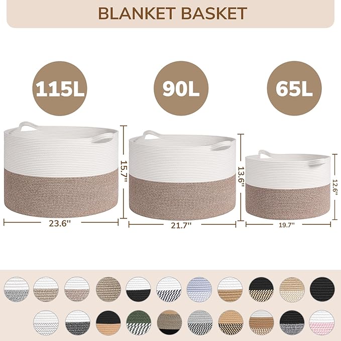 INDRESSME 115L Extra Large Cotton Rope Basket, Blanket Basket - Image 7