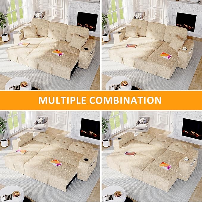 90 Inch Modular Sectional Sleeper Sofa Bed, 4 in 1 Pull Out Couch Bed - Image 7