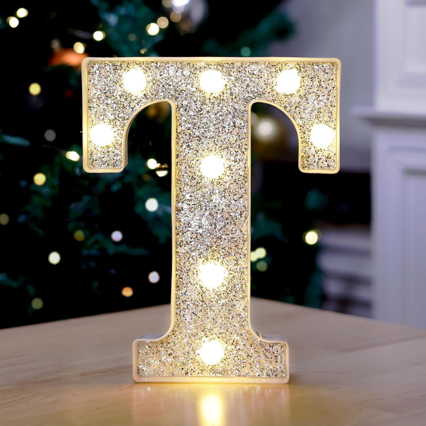 Marquee Light Up Letters, Glitter Silver LED Letter Lights Battery Powered Alphabet Letter Sign for Night Light Wedding Birthday Party Cafe Bar Decoration Girls Room Decor - T