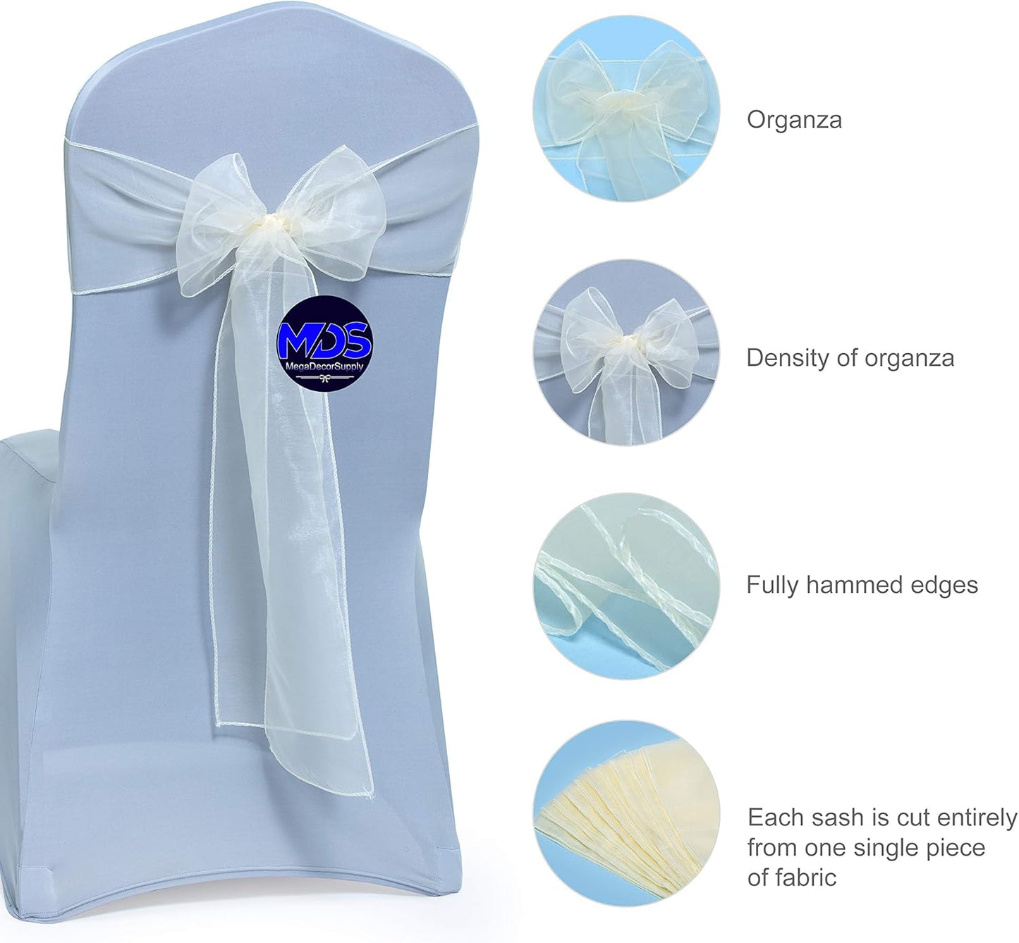 MDS Pack of 150 PCS Organza Chair Sashes Wider Dining Chair Bows Ribbon Tie Back for Wedding Party Birthday Bridal Shower Reception Event Banquet Home Chair Cover Decoration - Ivory