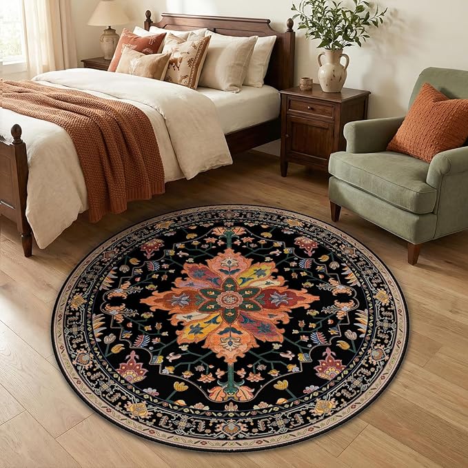 RELEANY Area Rugs Round 4ft Washable Non-Slip, Floral Vintage Distress Print - Image 2
