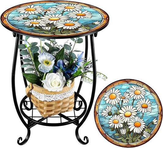Cinnvoice Outdoor Side Table Round Small Mosaic Patio Accent Indoor End Plant by Cinnvoice
