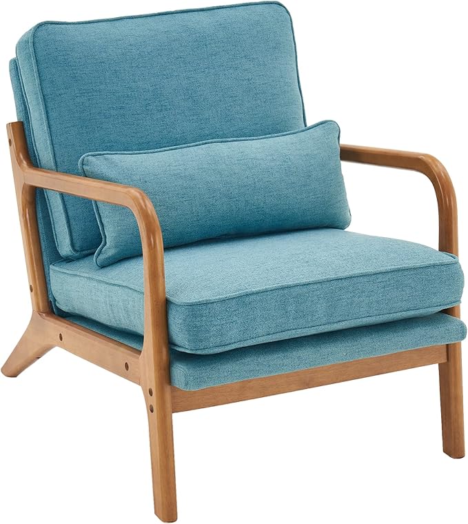 Bonnlo LinenTeal Mid Century Modern Accent Chair, Soild Wood Padding Lounge - Image 8