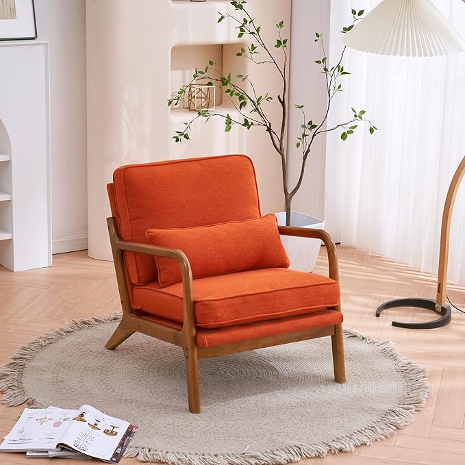 VINGLI Linen Burnt Orange Comfy Accent Chair, Mid Century Modern Lounge Armchair by VINGLI