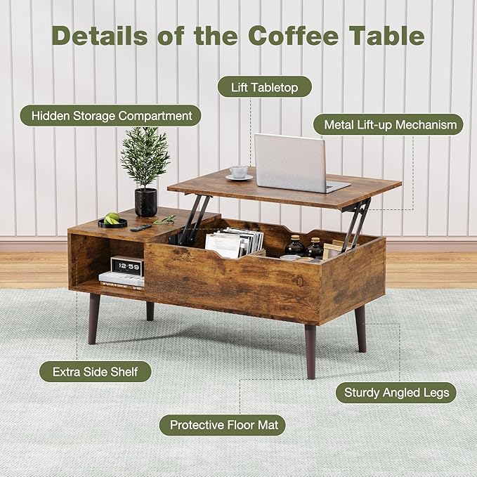 OLIXIS Wooden Coffee Table, Lift Top Coffee Table - Image 8