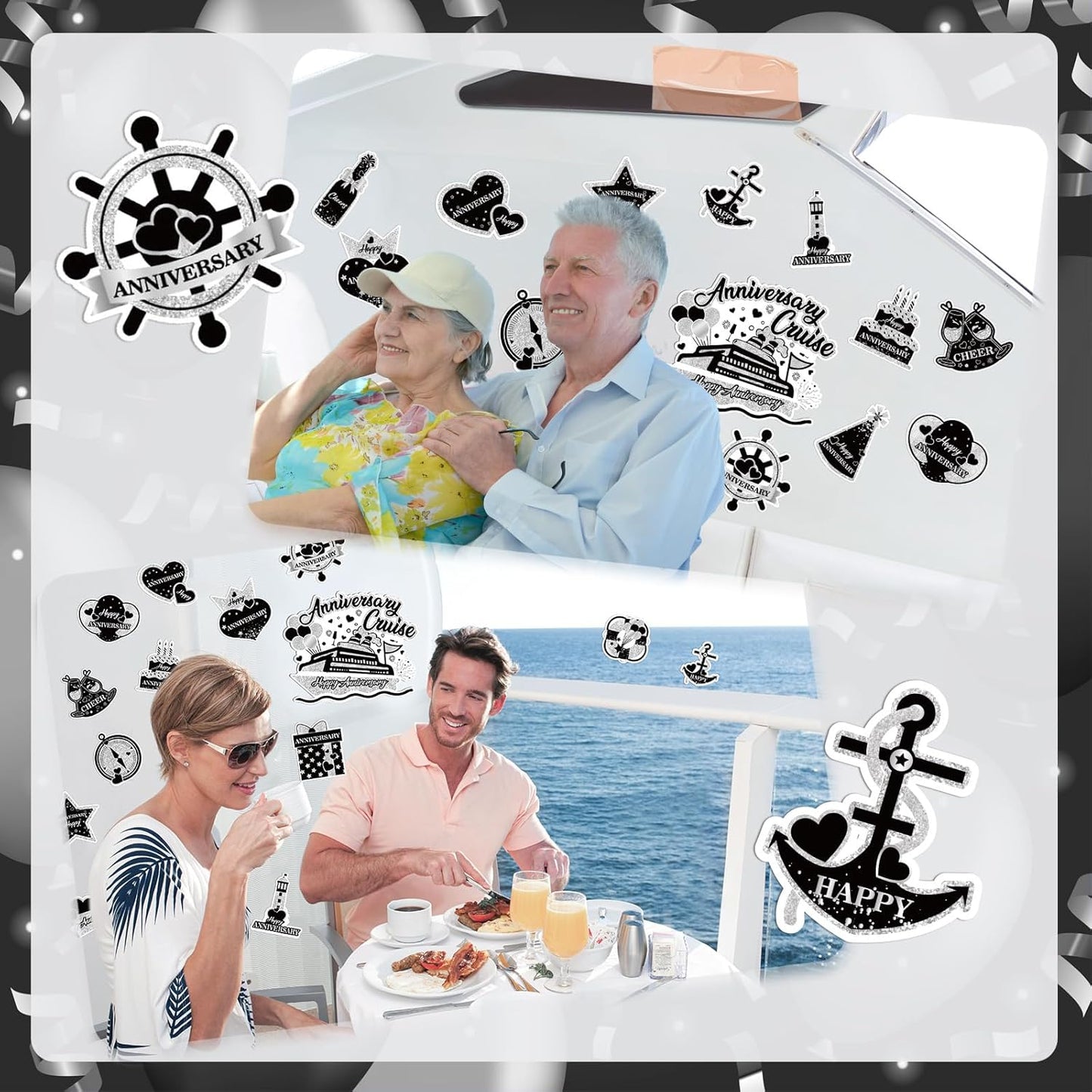 Happy Anniversary Cruise Door Magnets Decorations,Black Silver Happy Anniversary Cruise Ship Door Decor Magnetic for Married Men Women Wedding Party Refrigerator Fridge Car Kitchen Garage Personalized