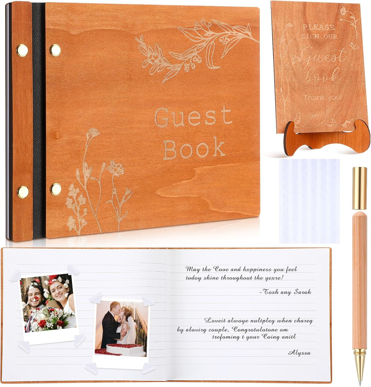 Wedding Guest Book Personalized Photo Guestbook to Sign at Reception Wedding Guest Sign in Book Photo Album Hard Cover 88 Lined Pages for Baby Shower Birthday Anniversary Party (Wood Floral)