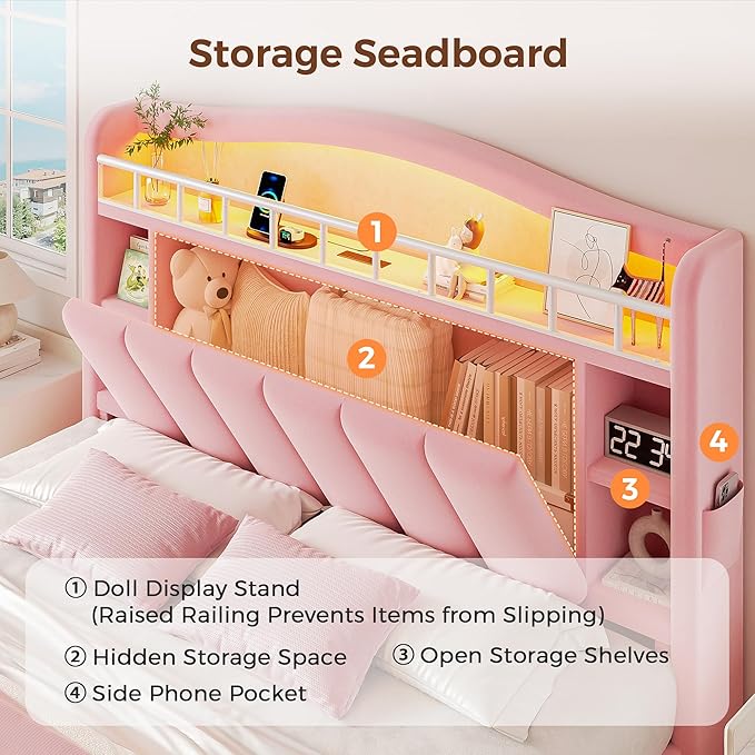 Queen LED Bed Frame with Storage Headboard & 2 Storage Drawers, Princess Velvet - Image 4