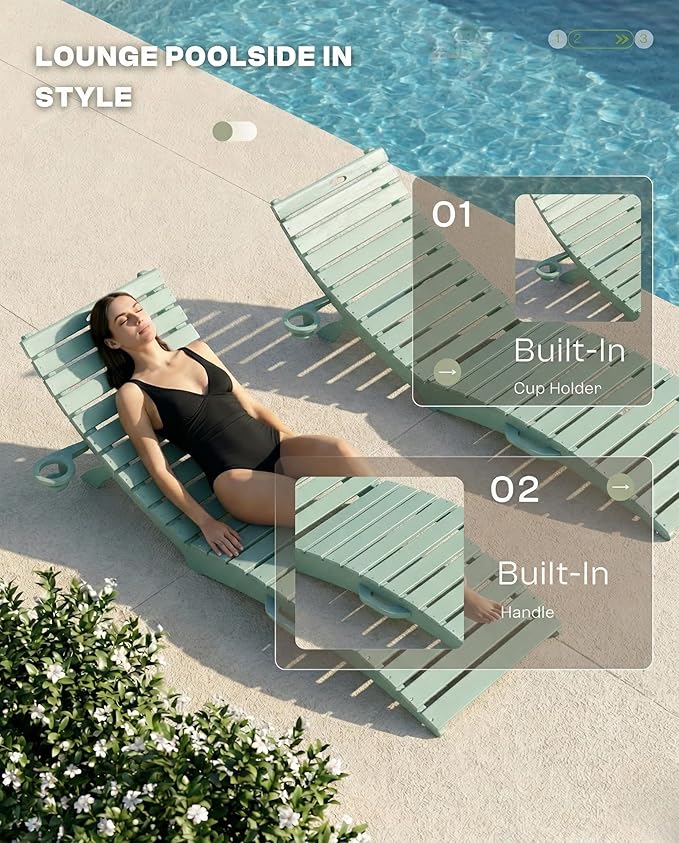 Folding HDPE Pool Lounge Chairs Set of 2, Pre-Assembled Outdoor Chaise Lounge - Image 5