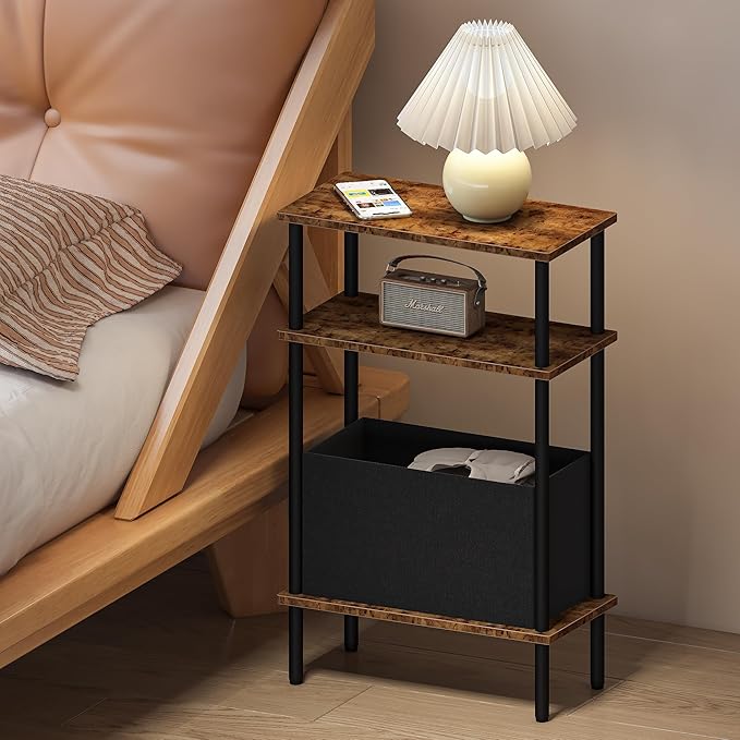 Narrow Side Table with Fabric Basket, Slim Nightstand with 3-Tier Storage Shelf - Image 7