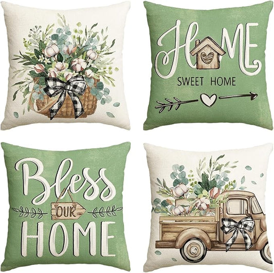 AVOIN colorlife Bless Our Home Farmhouse Eucalyptus Leaves Throw Pillow Covers by AVOINcolorlife
