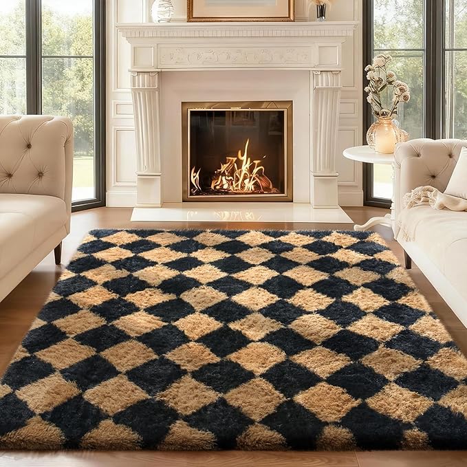 Ophanie Black & Beige Diamond Checkered Rugs by Ophanie