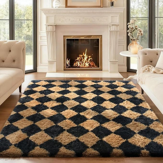 Ophanie Black & Beige Diamond Checkered Rugs by Ophanie