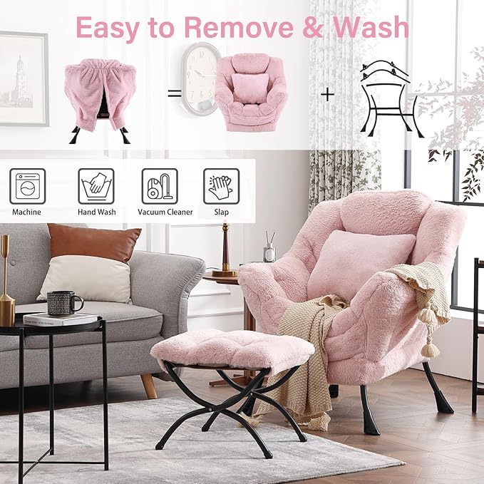 Lazy Chair with Ottoman, Large Pink Accent Chair with Ottoman and FA Throw - Image 6