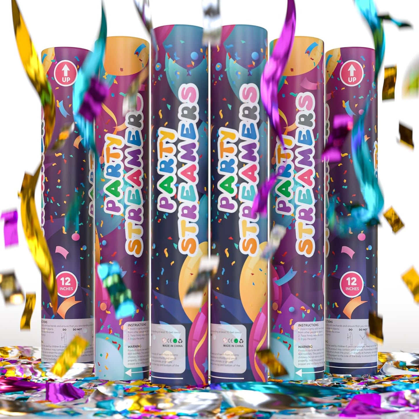 No Mess Streamer Confetti Cannon Party Poppers | 6 Pack | Multicolor Streamers | Glitter Bomb Confetti Shooters | Decoration for Birthday, Wedding | Launches 25 ft | 12 inch | TUR Party Supplies