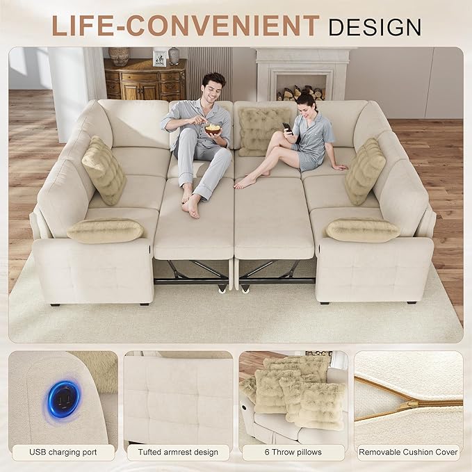 Hanherry Sectional Couch with Pull Out Sofa Bed, Chenille Sleeper Sofa with 2 - Image 4